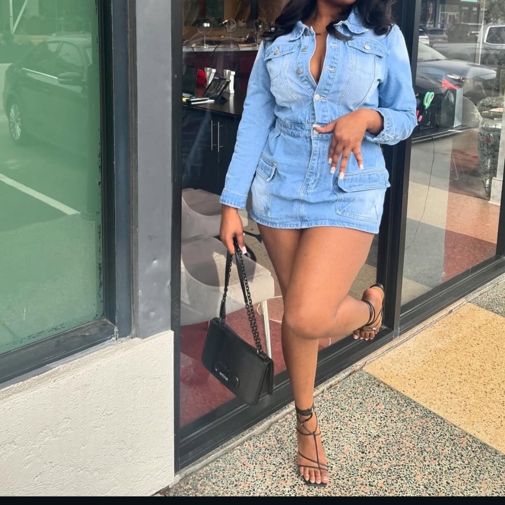 SHEIN Light Blue Denim Mini Shirt Dress